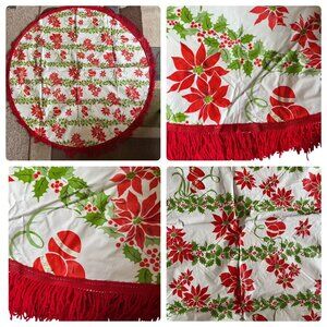 Vtg Vinyl Flannel Back Christmas Tablecloth Round Circle 52" Fringe Poinsettia